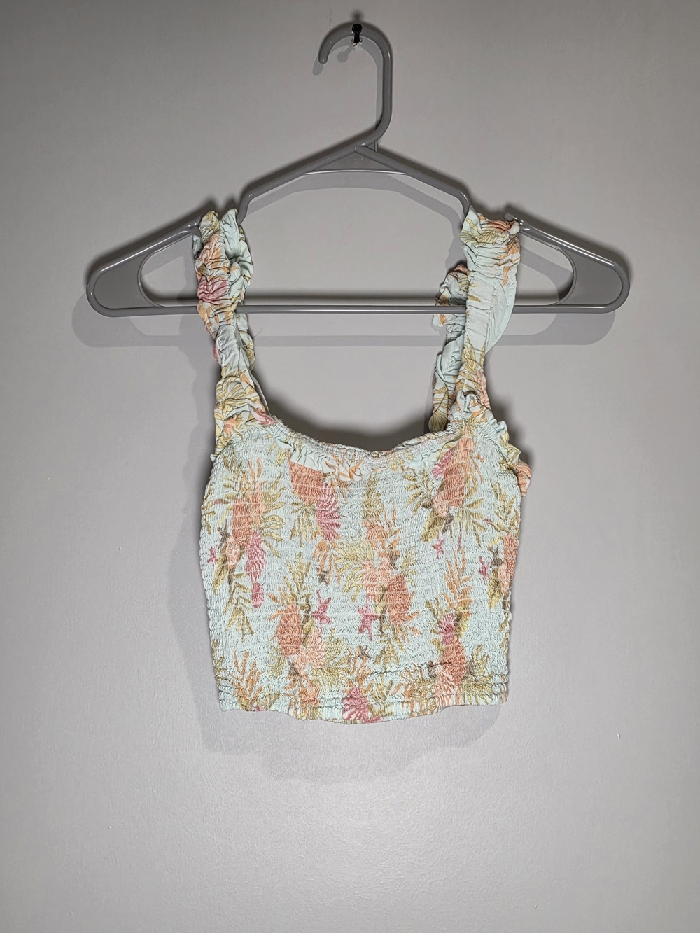 Smocked Floral Crop Tank Top - Light Blue/Pastel